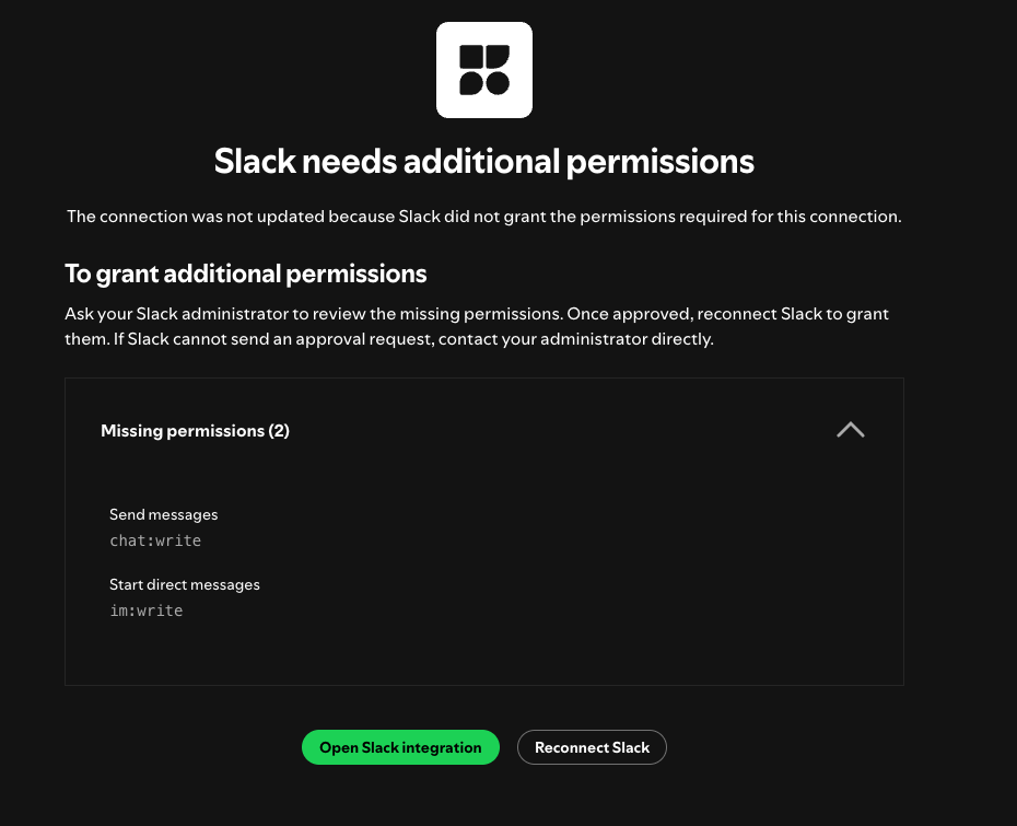 Slack needs additional permissions, showing missing Send messages and Start direct messages permissions and a Reconnect Slack action.