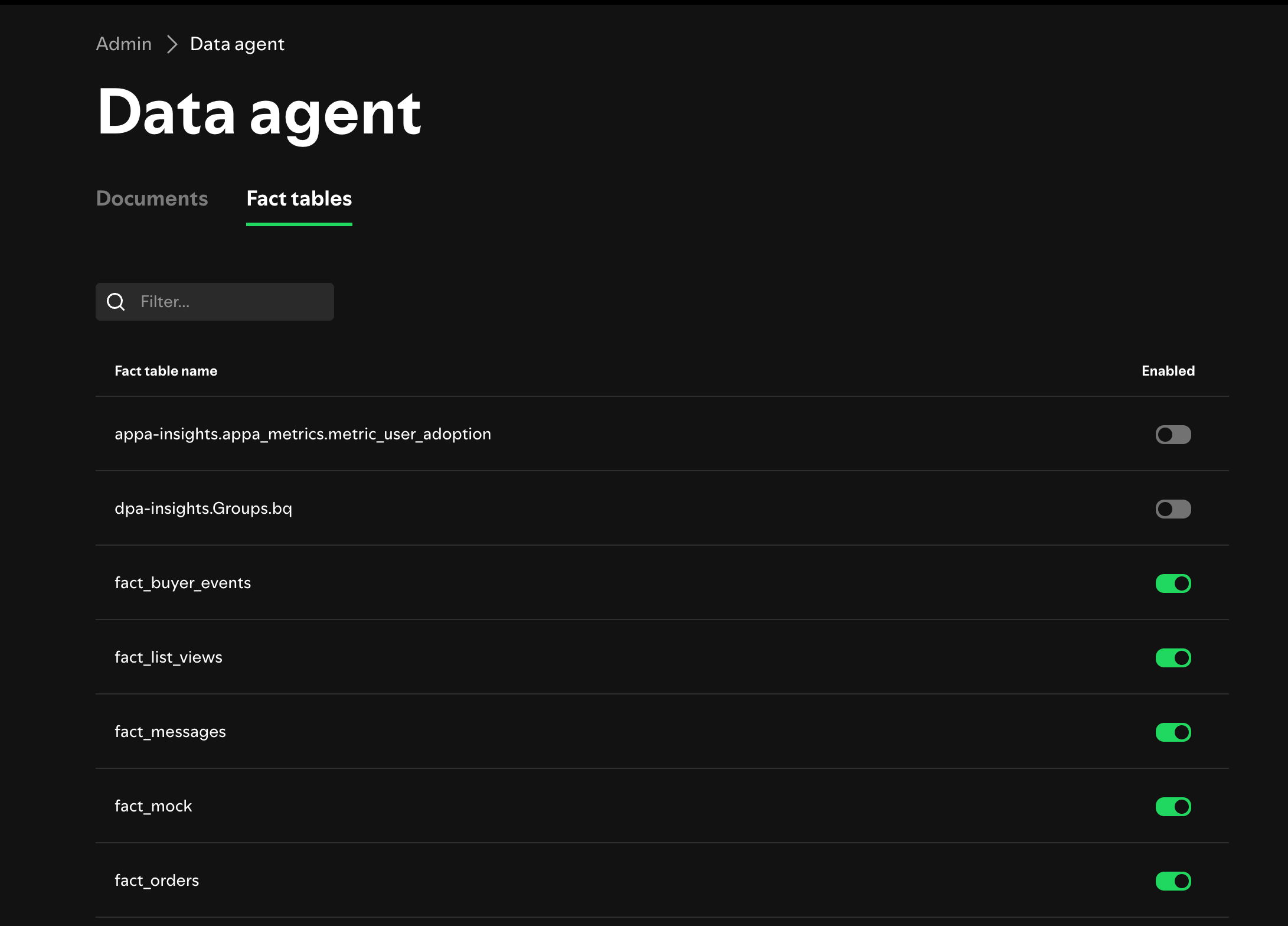 Product Analytics fact table controls in the Data agent admin settings.
