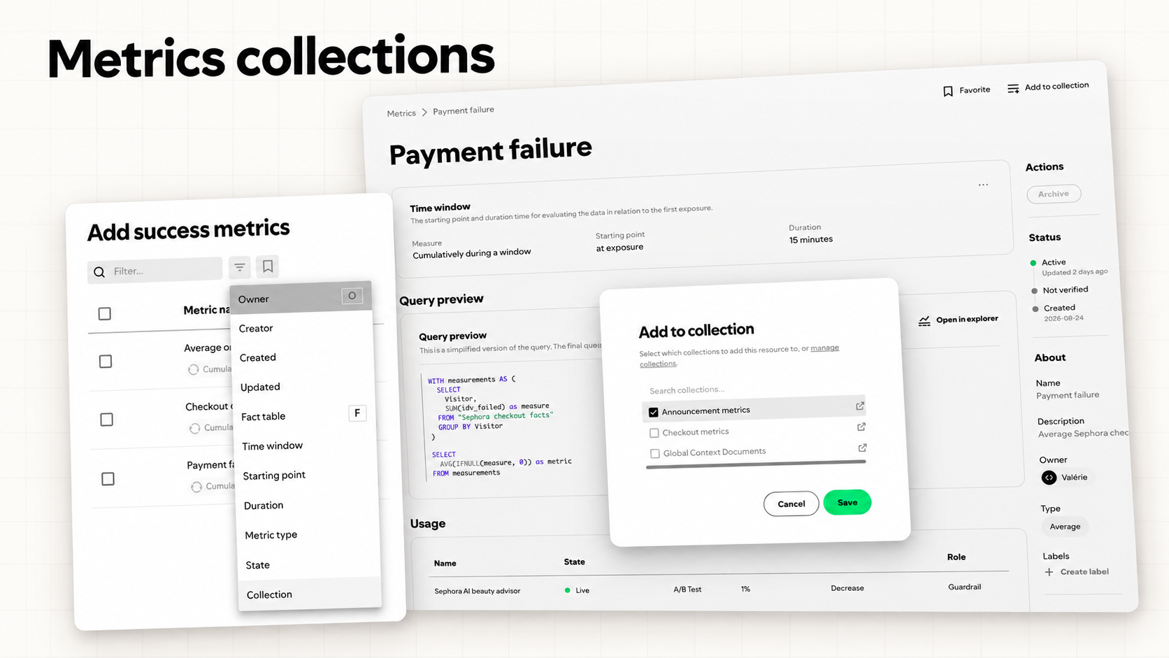 Metric collection controls for filtering metrics and adding a metric to a collection.