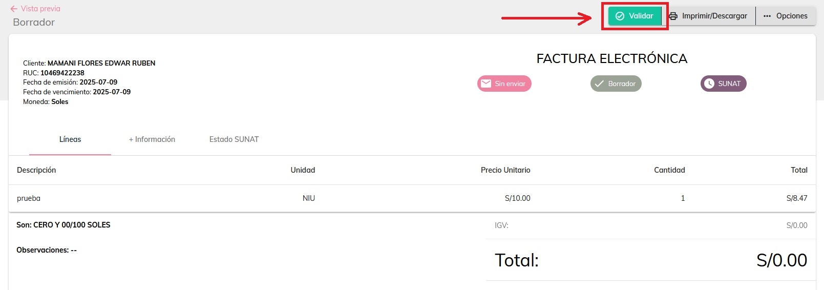 Enviar borrador a SUNAT 1