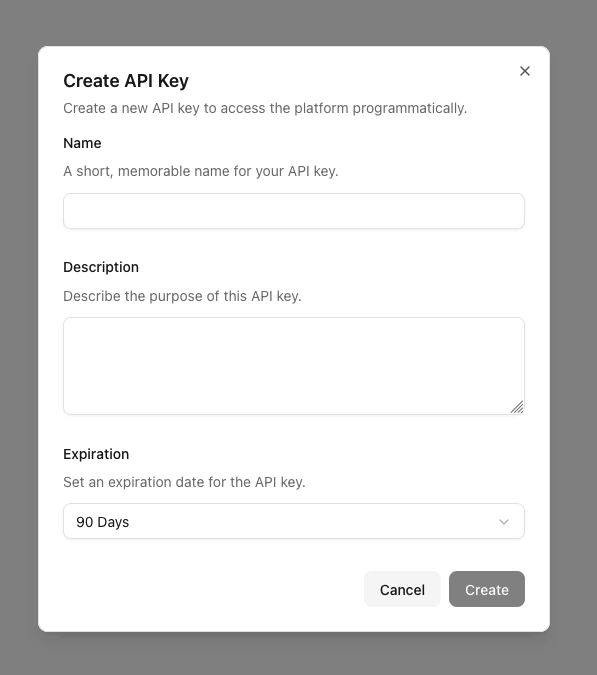 Screenshot of the create API key form.
