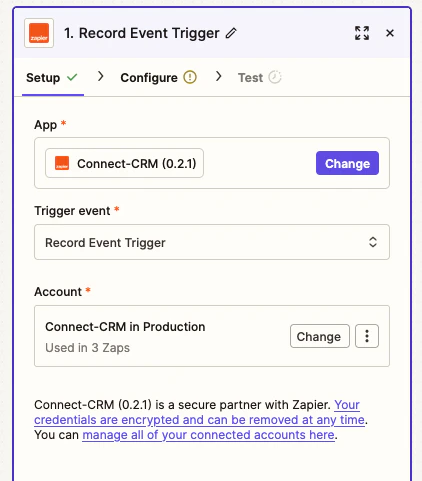 Screenshot of the Zapier event trigger setup form.