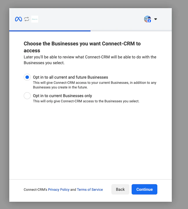 Screenshot of selecting Facebook businesses.