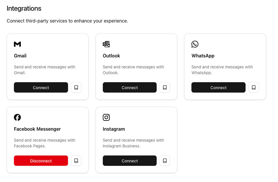 Screenshot of Facebook Messenger integration connected.