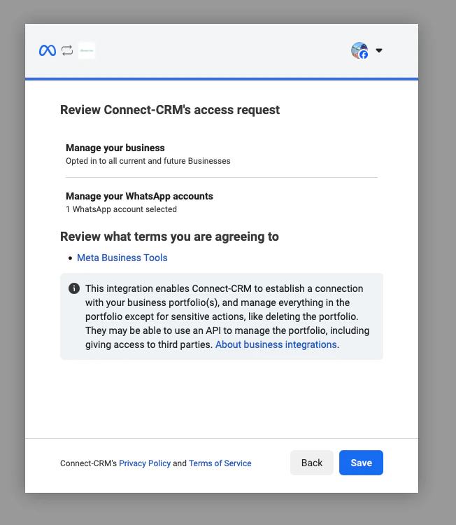 Screenshot of reviewing Facebook permissions.