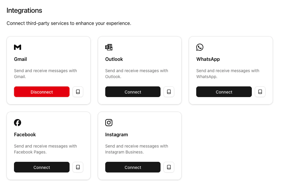 Screenshot of Gmail integration connected.
