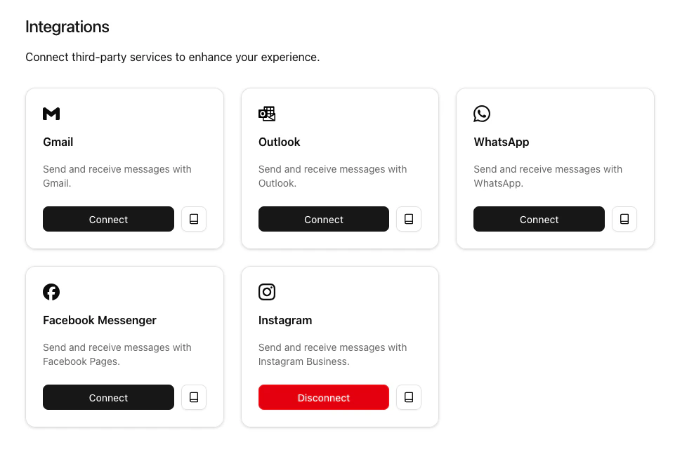Screenshot of Instagram integration connected.