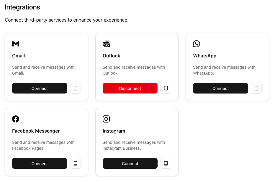 Screenshot of Outlook integration connected.