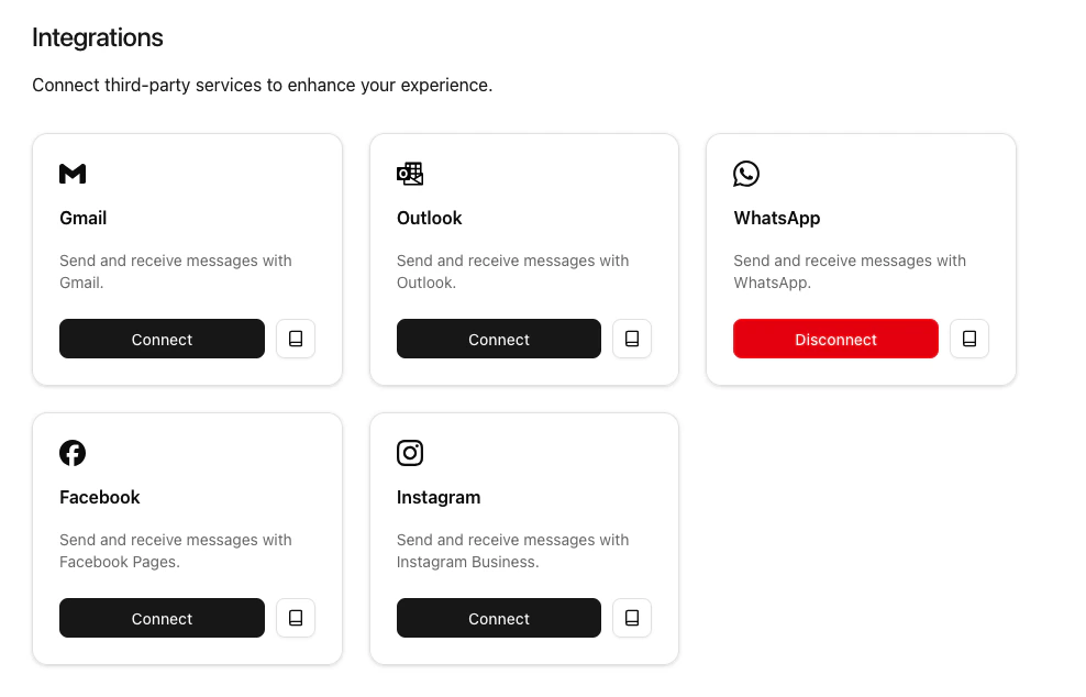 Screenshot of WhatsApp integration connected.