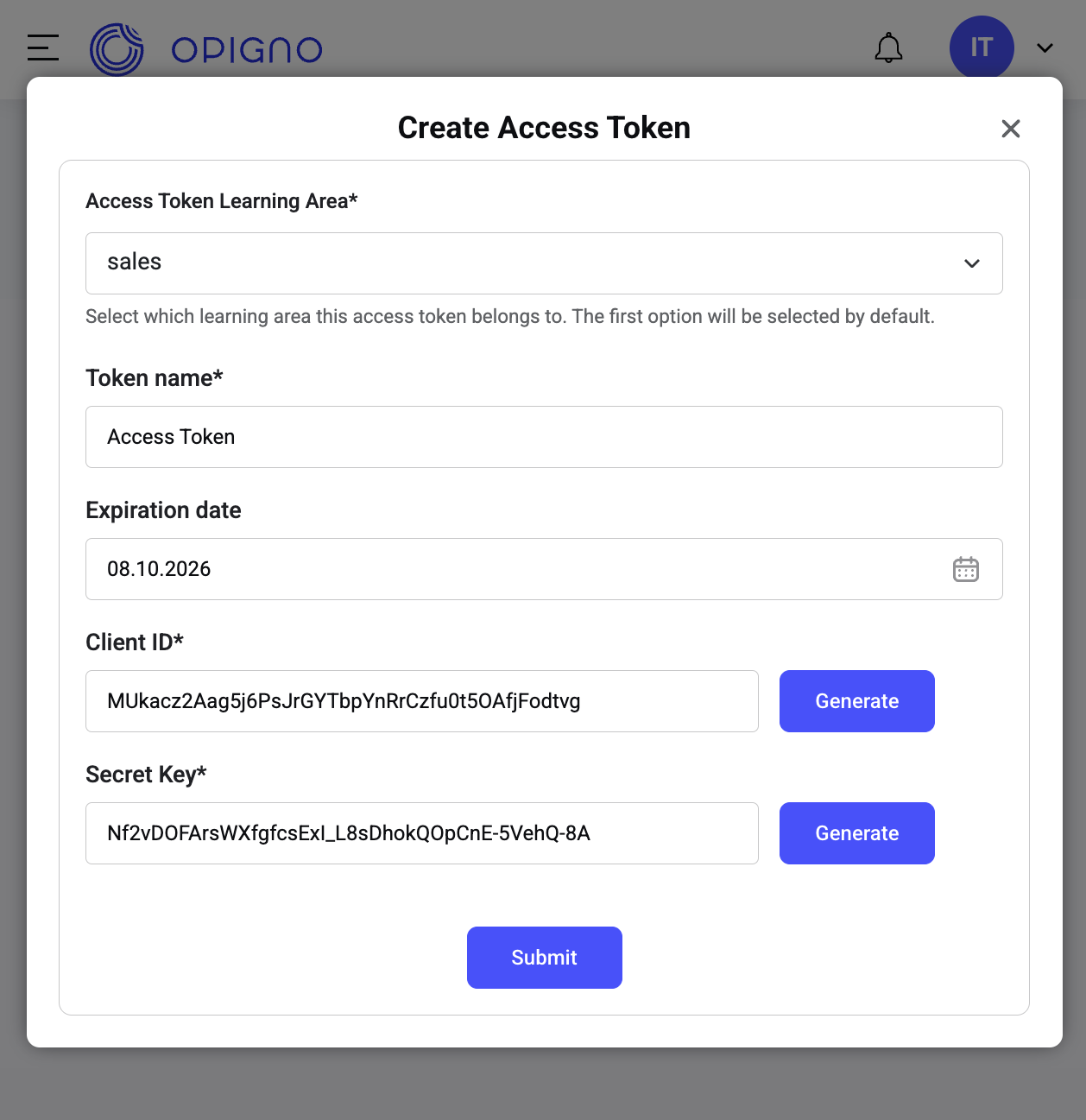Screenshot of the access tokens page displaying token list with names, client IDs, and expiration dates