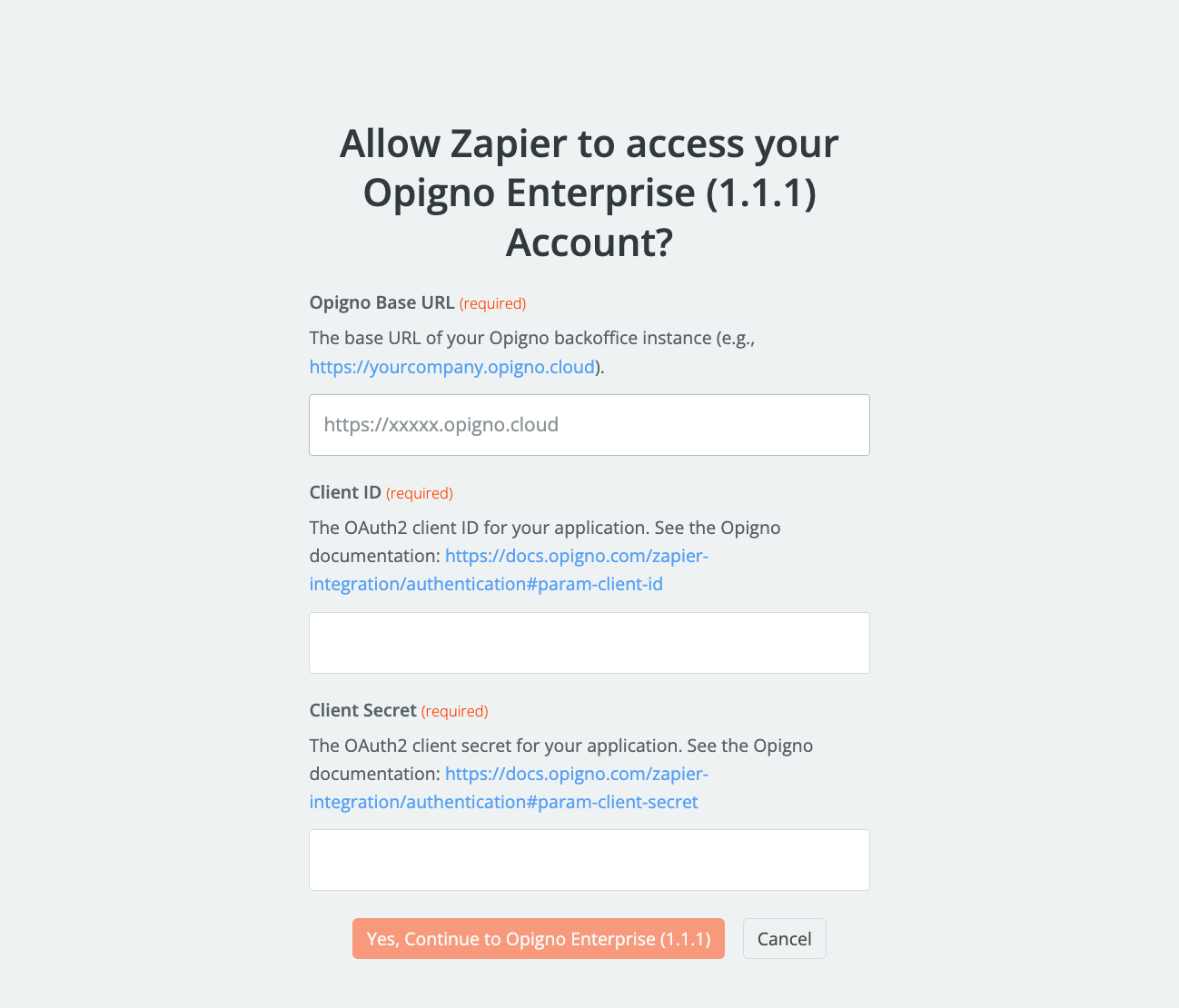 Screenshot showing Zapier configuration form with authentication fields