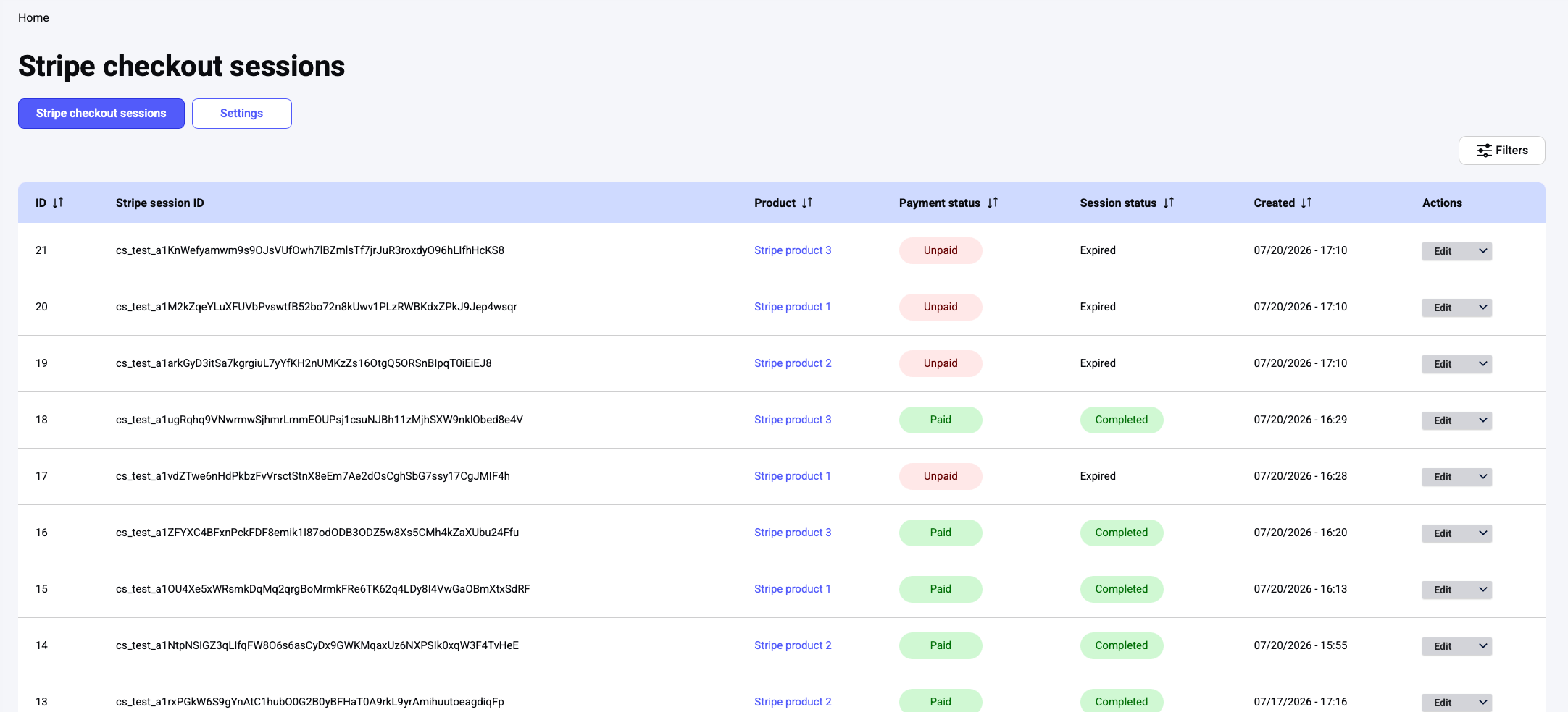 Stripe checkout sessions log in the backoffice