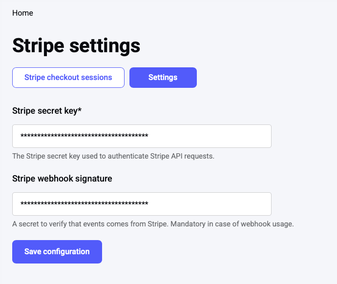 Stripe settings page in the backoffice