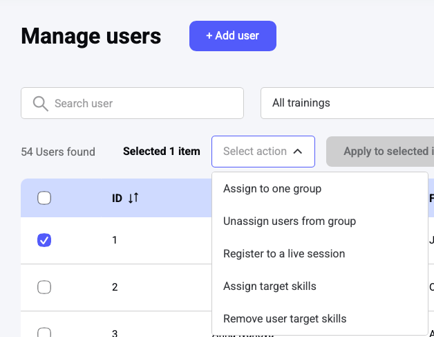 Assign target skills action in Manage users Assign target skills action in Manage users
