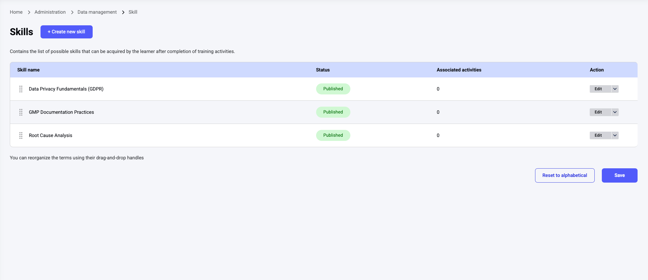 Skills dashboard with the list of skills Skills dashboard with the list of skills