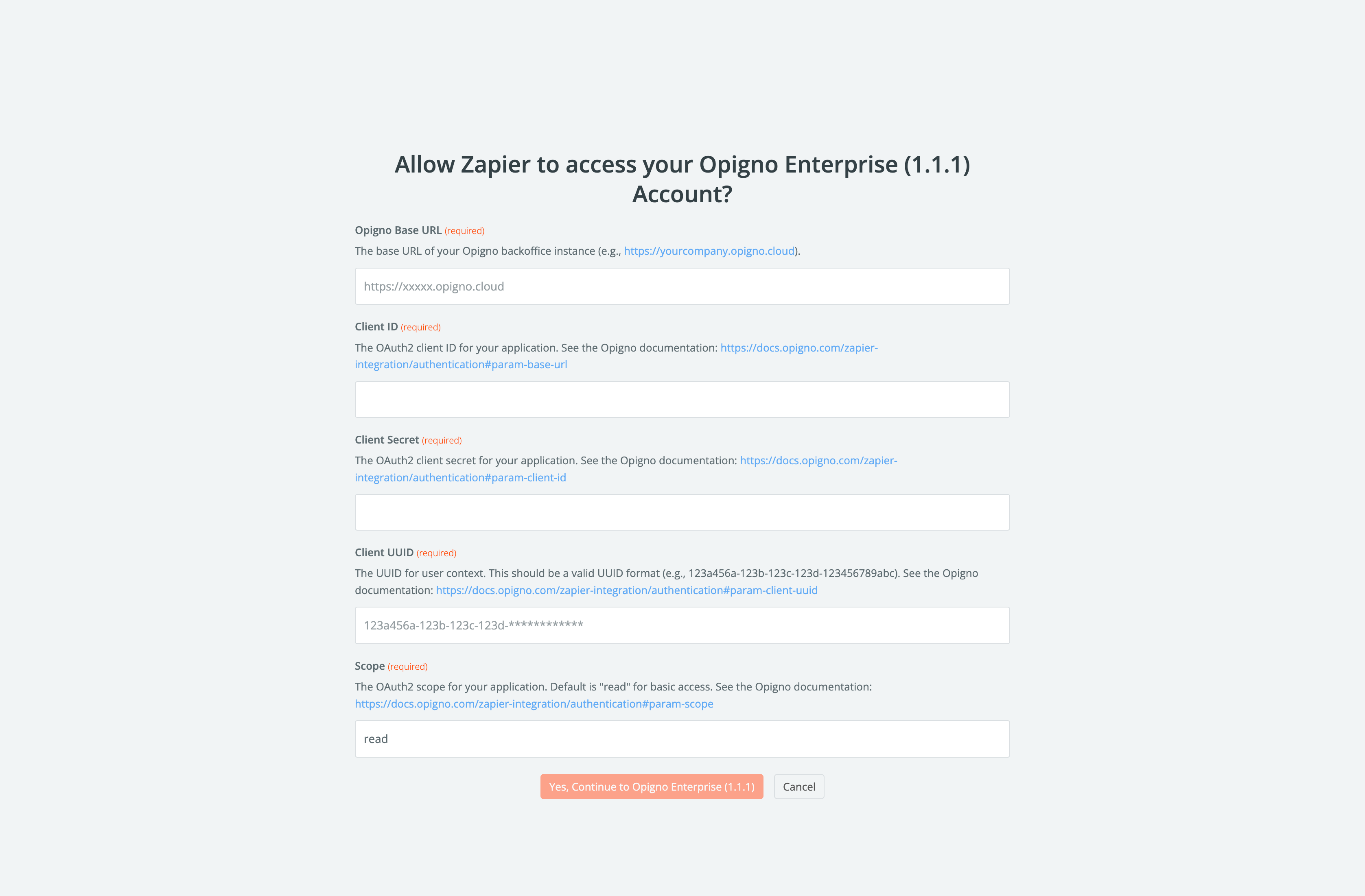 Zapier authentication form showing required fields for Opigno integration
