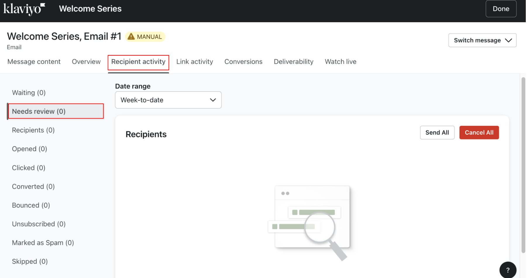 Recipient activity tab showing Needs review filter with Send All and Cancel All buttons