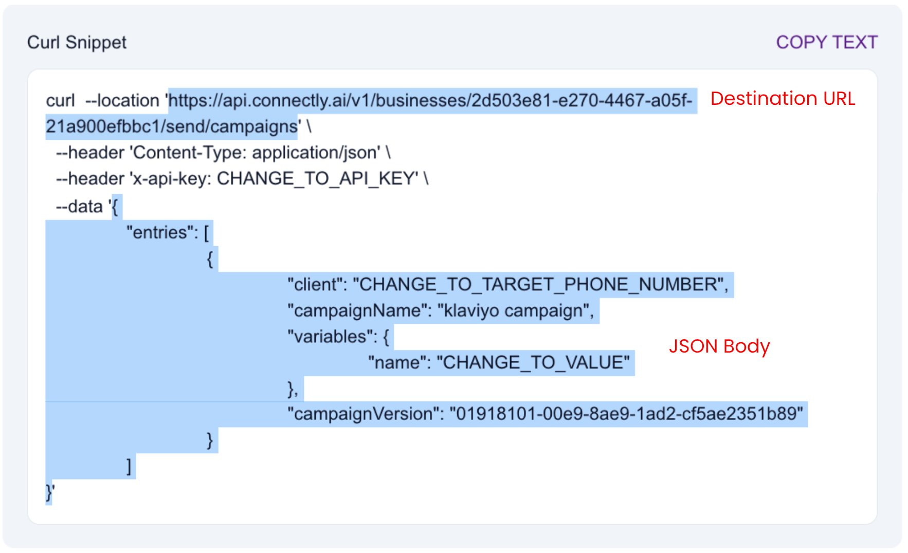 Curl snippet showing destination URL and JSON body