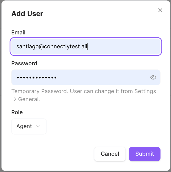 Add User modal with Email, Password, and Role fields