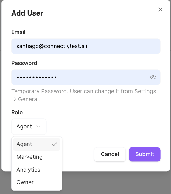 Add User modal with the Role dropdown open, showing Agent, Marketing, Analytics, and Owner