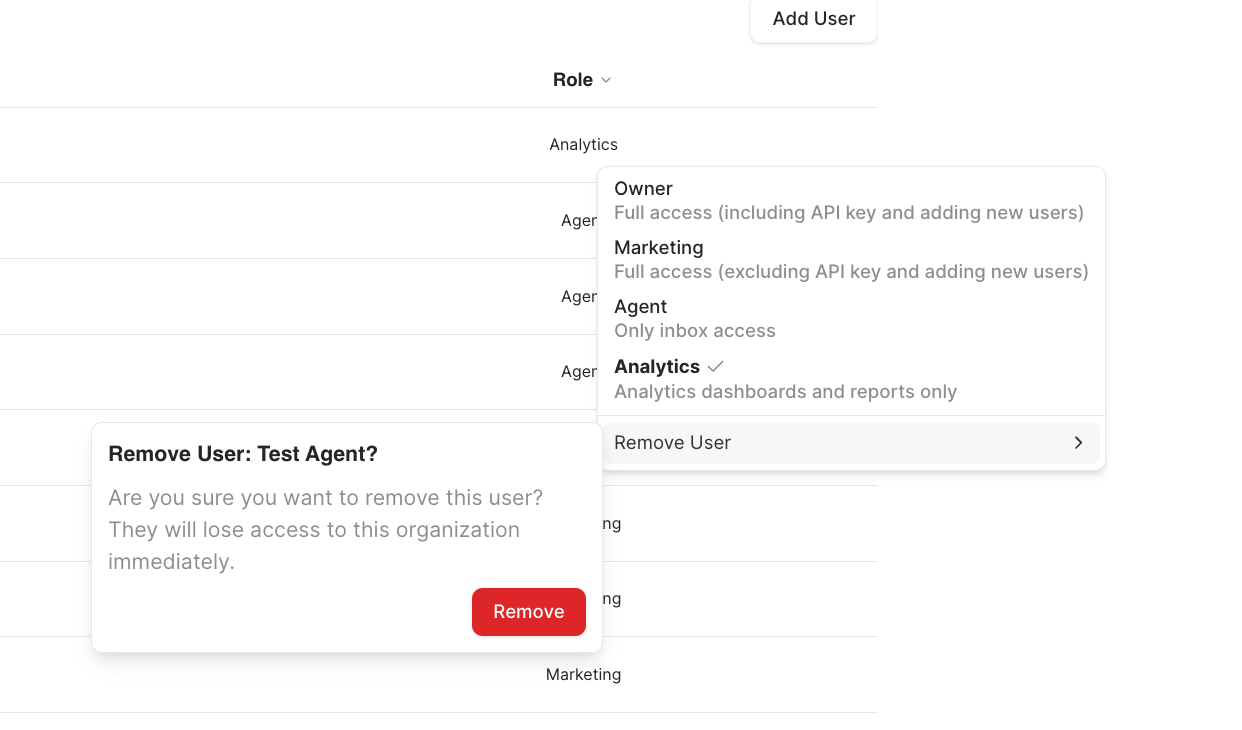 Remove User confirmation dialog asking 'Remove User: Test Agent?' with a warning message and a red Remove button