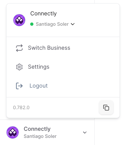 Profile menu showing Switch Business, Settings, and Logout options