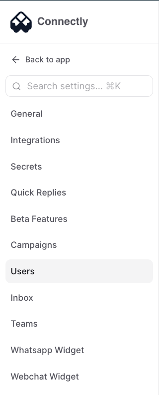 Settings sidebar with Users highlighted