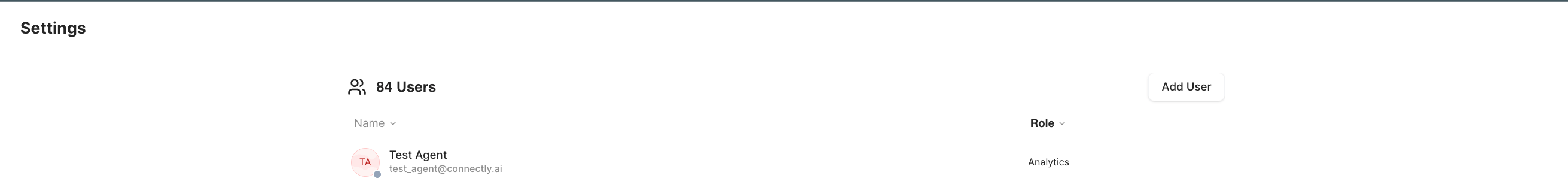 Users page showing 84 Users, the Add User button, and a user row with name, email, and role