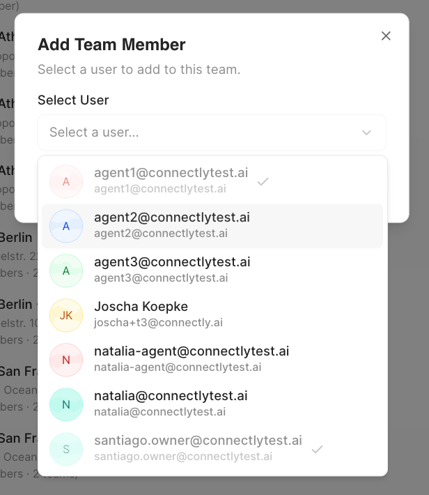 Add Team Member dialog with a Select User dropdown listing agents