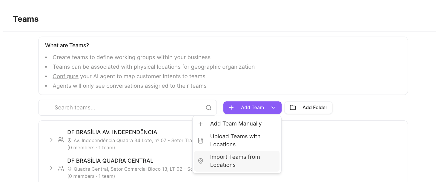 Add Team menu with Add Team Manually, Upload Teams with Locations, and Import Teams from Locations