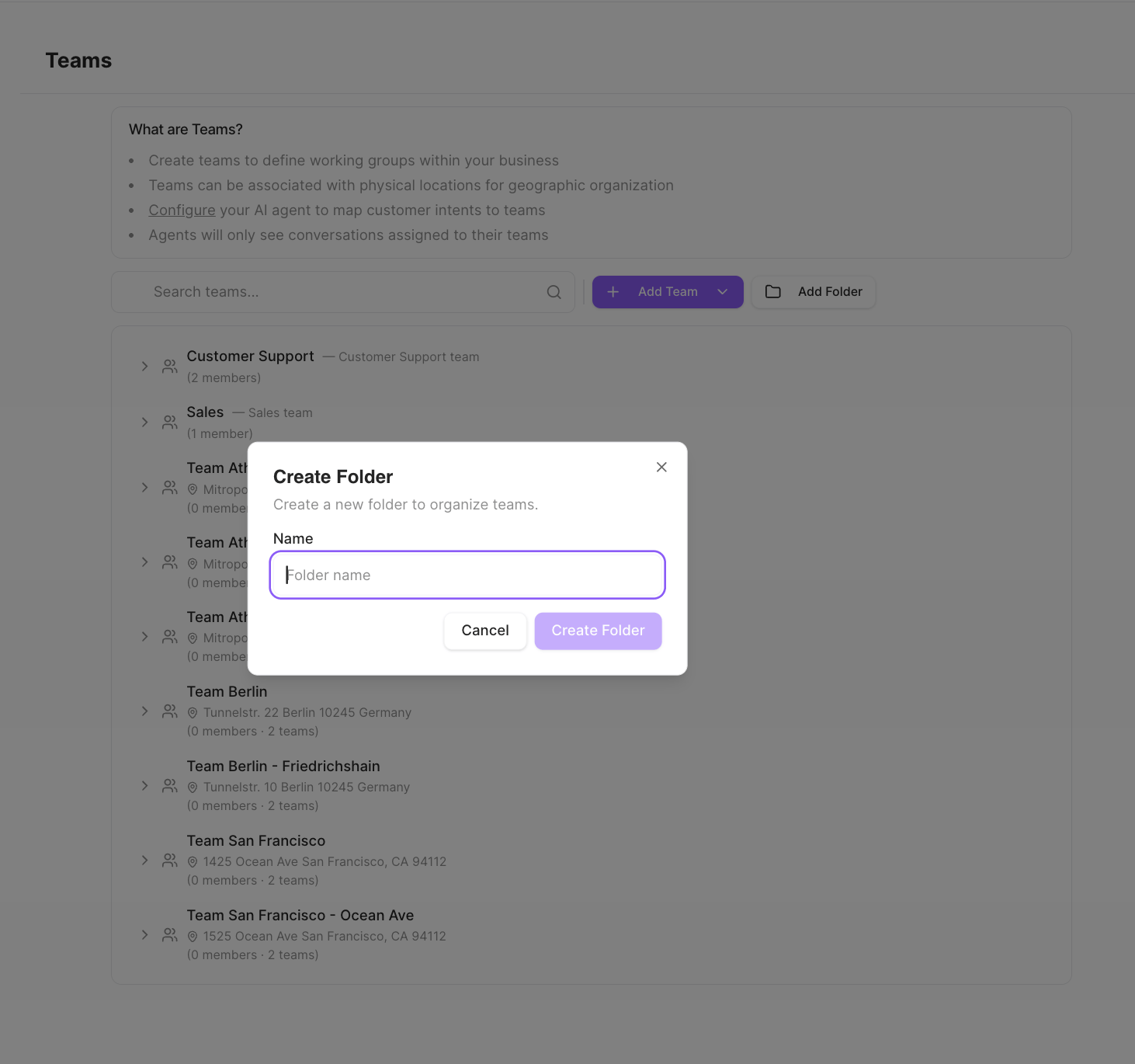 Create Folder dialog with a Name field
