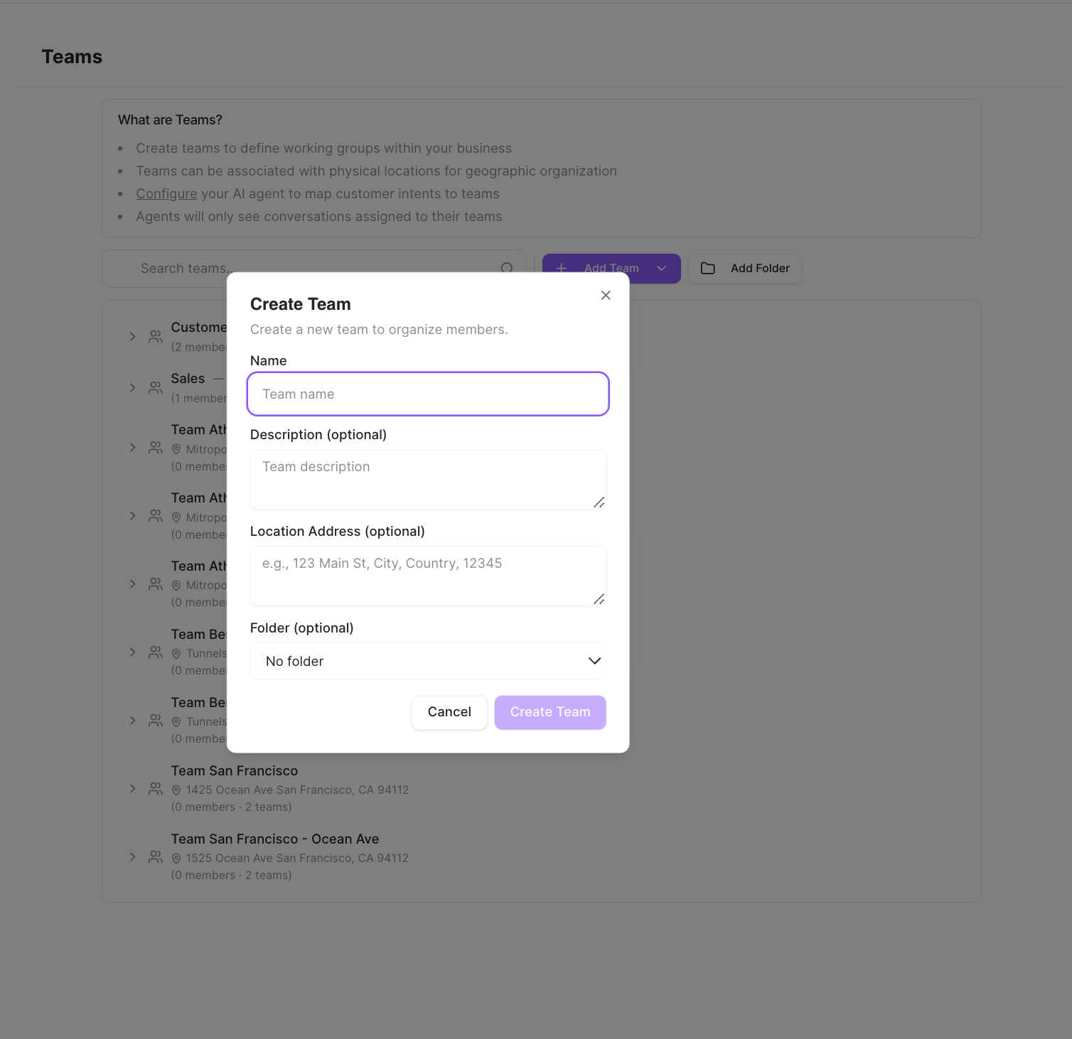 Create Team dialog with Name, Description, Location Address, and Folder fields