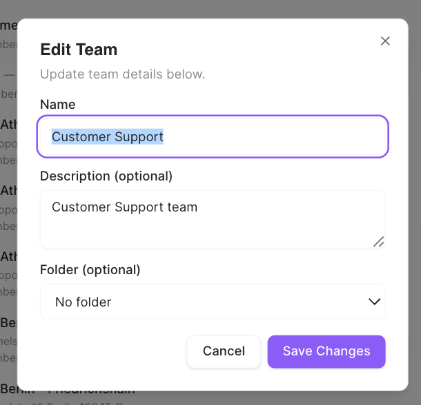 Edit Team dialog with Name, Description, and Folder fields and a Save Changes button