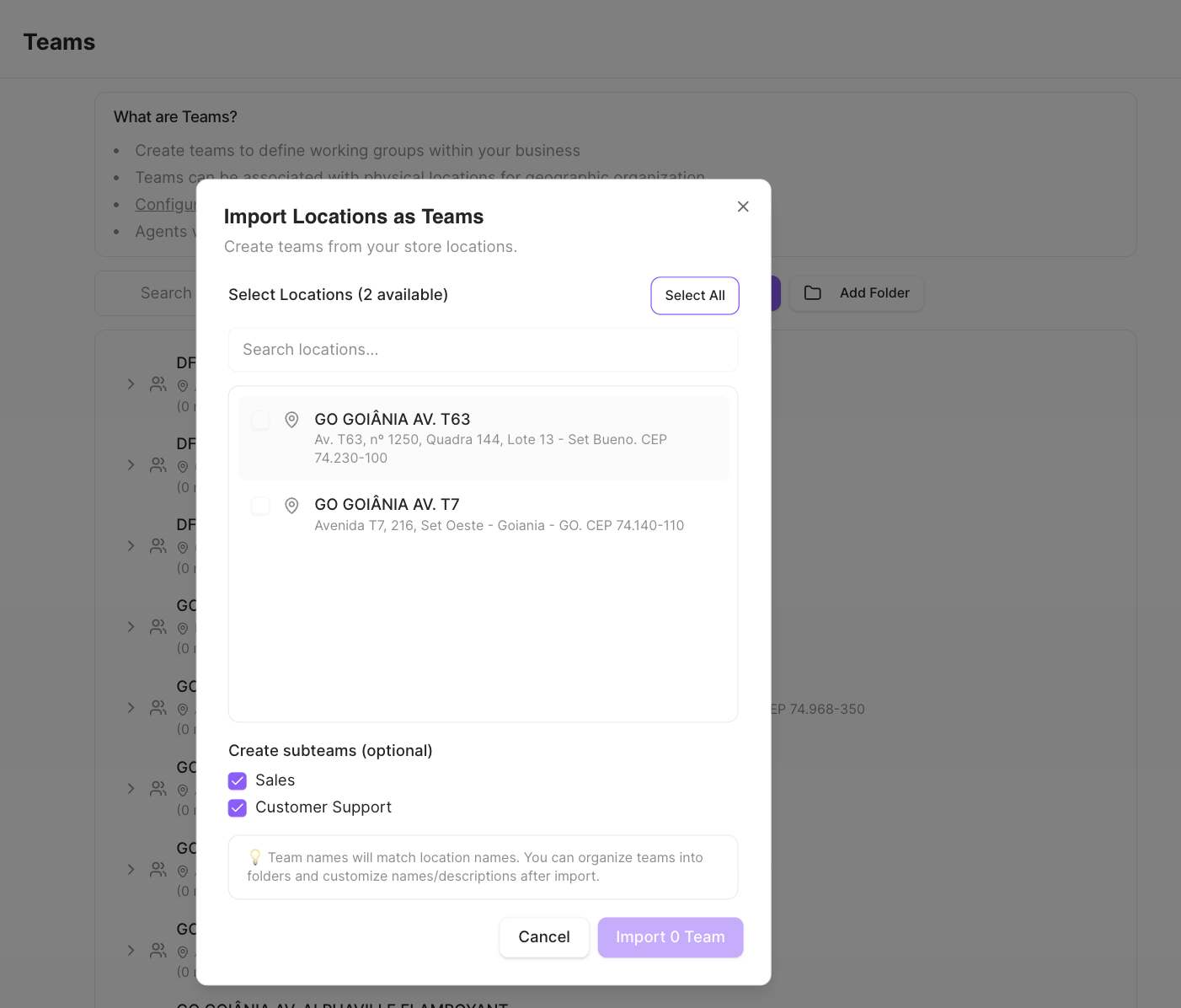 Import Locations as Teams dialog with a list of selectable store locations and optional Sales and Customer Support subteams