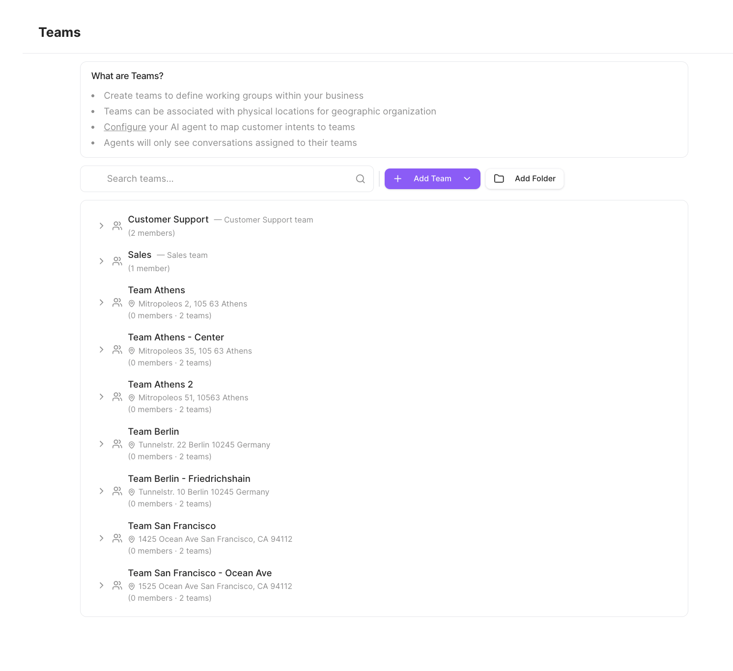 Teams page with the What are Teams panel, search, Add Team and Add Folder buttons, and a list of teams