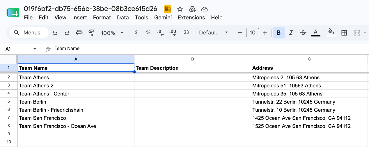 Google Sheet with Team Name, Team Description, and Address columns filled with store locations