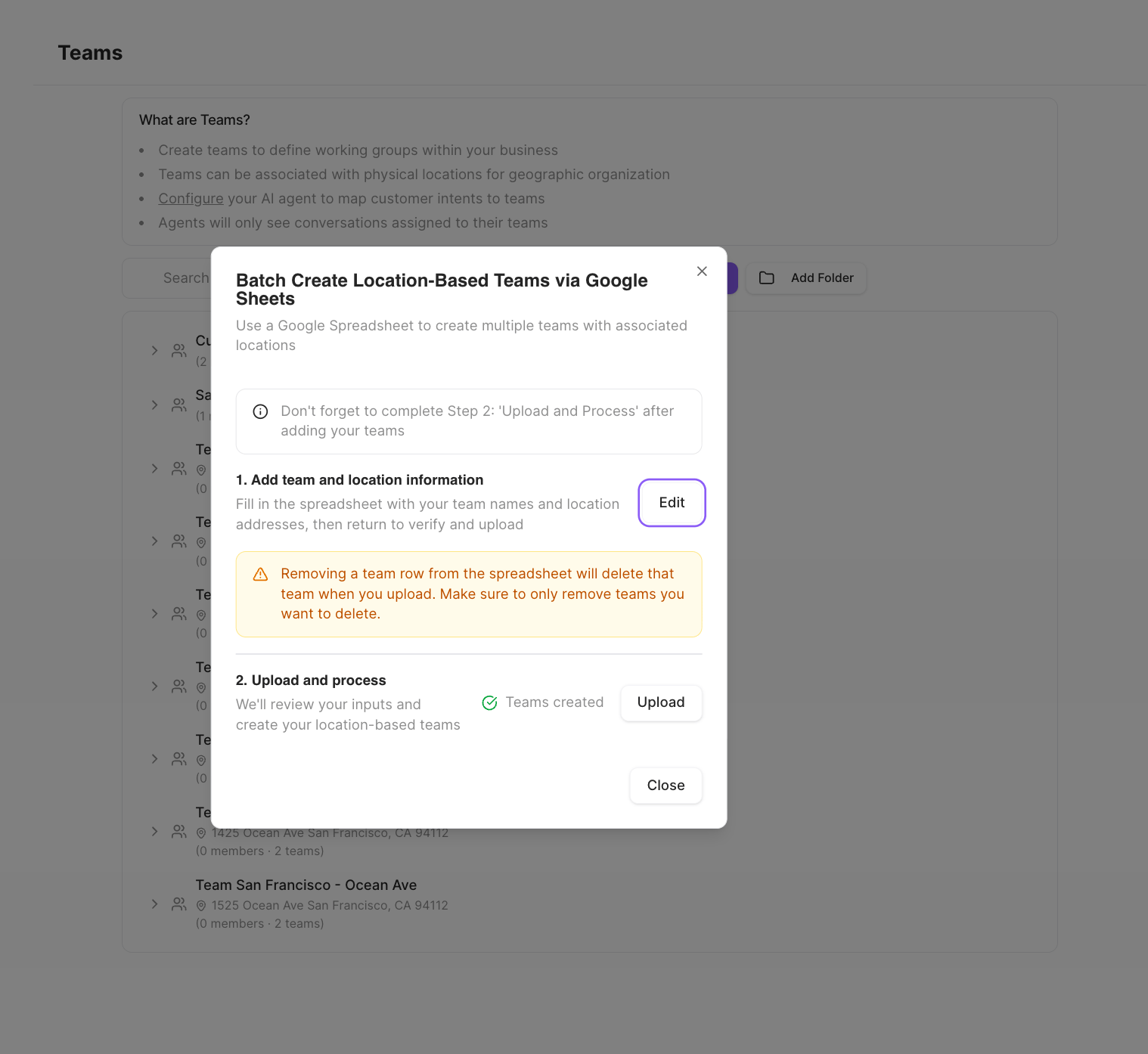 Batch Create Location-Based Teams via Google Sheets dialog with an Edit step and an Upload step