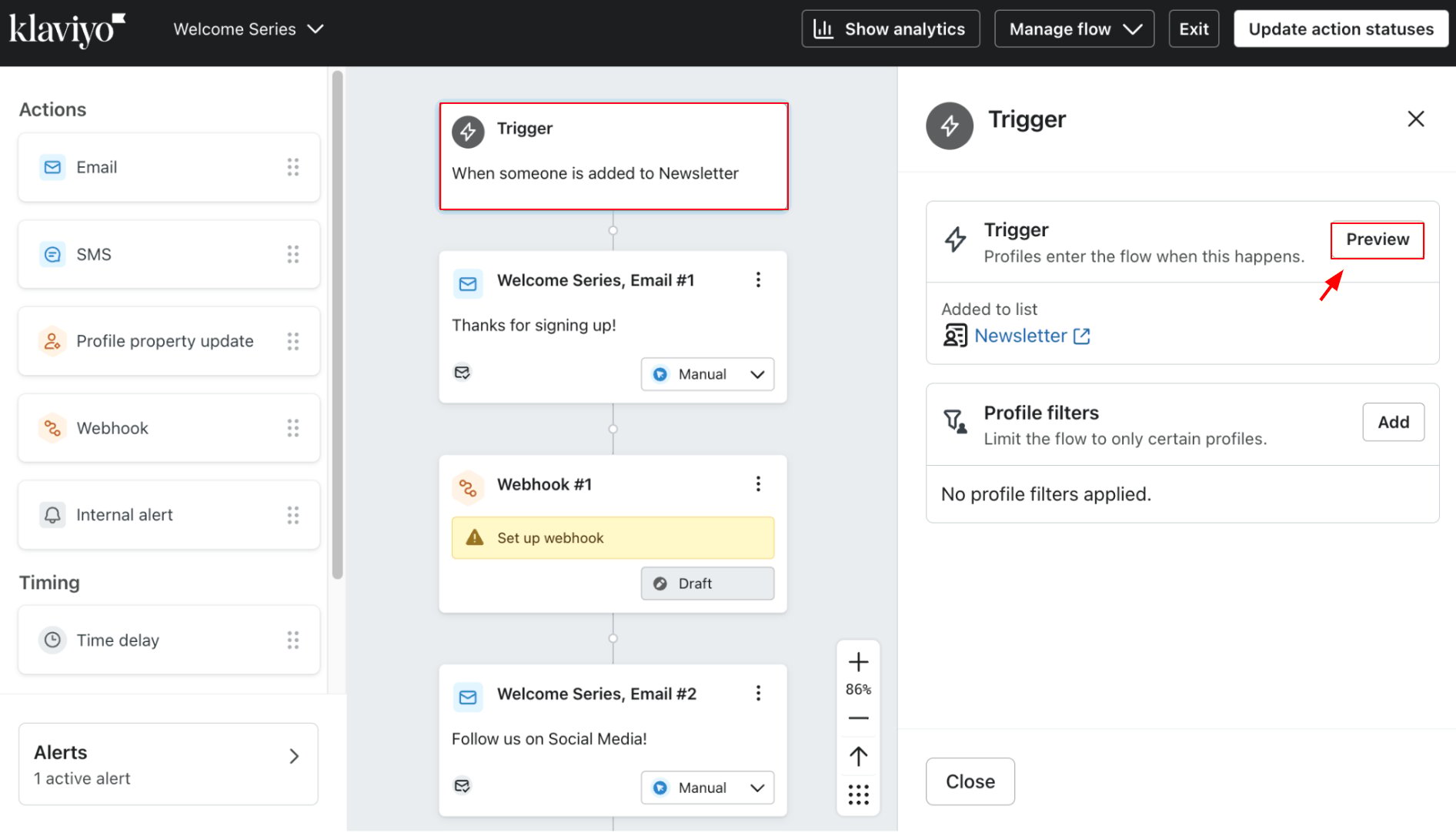 Klaviyo Trigger Preview panel showing profiles and filter results