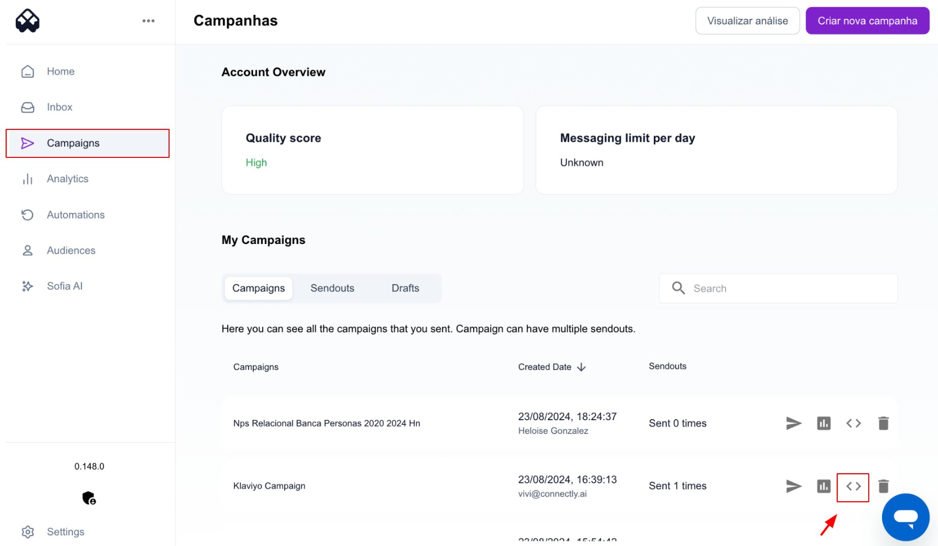 Campaigns list with the code icon highlighted