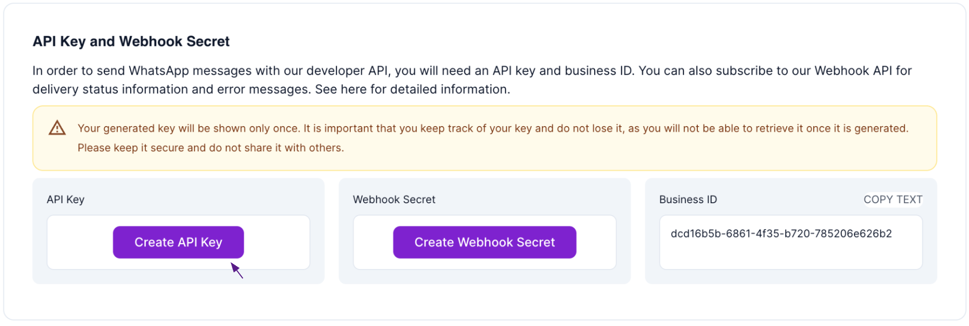 Create API Key button and Business ID