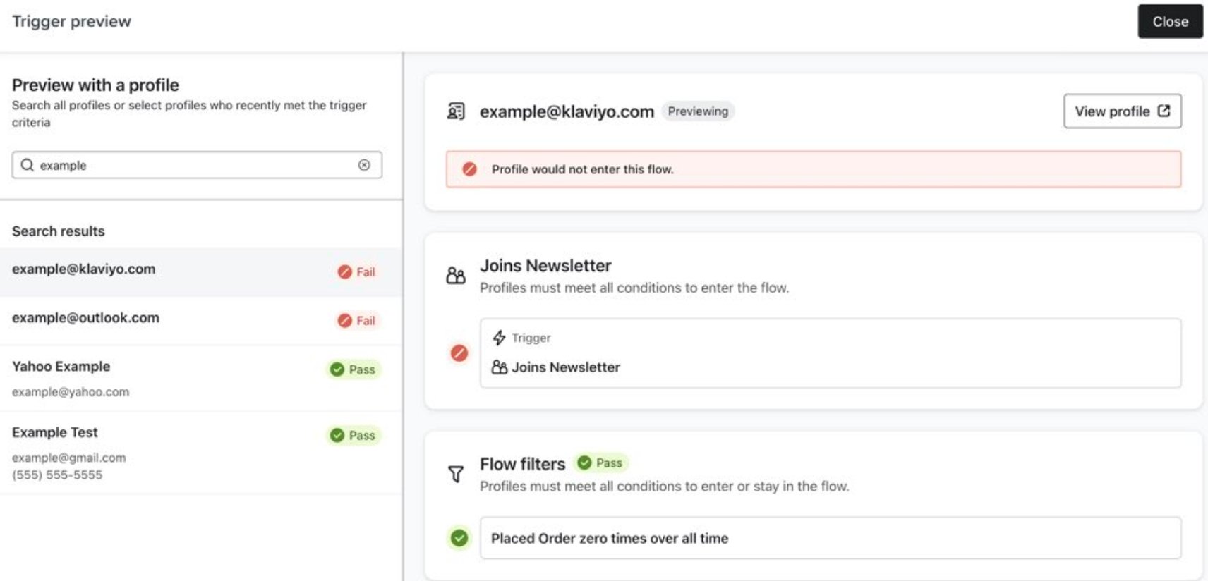 Trigger Preview search results showing Pass/Fail status for profiles