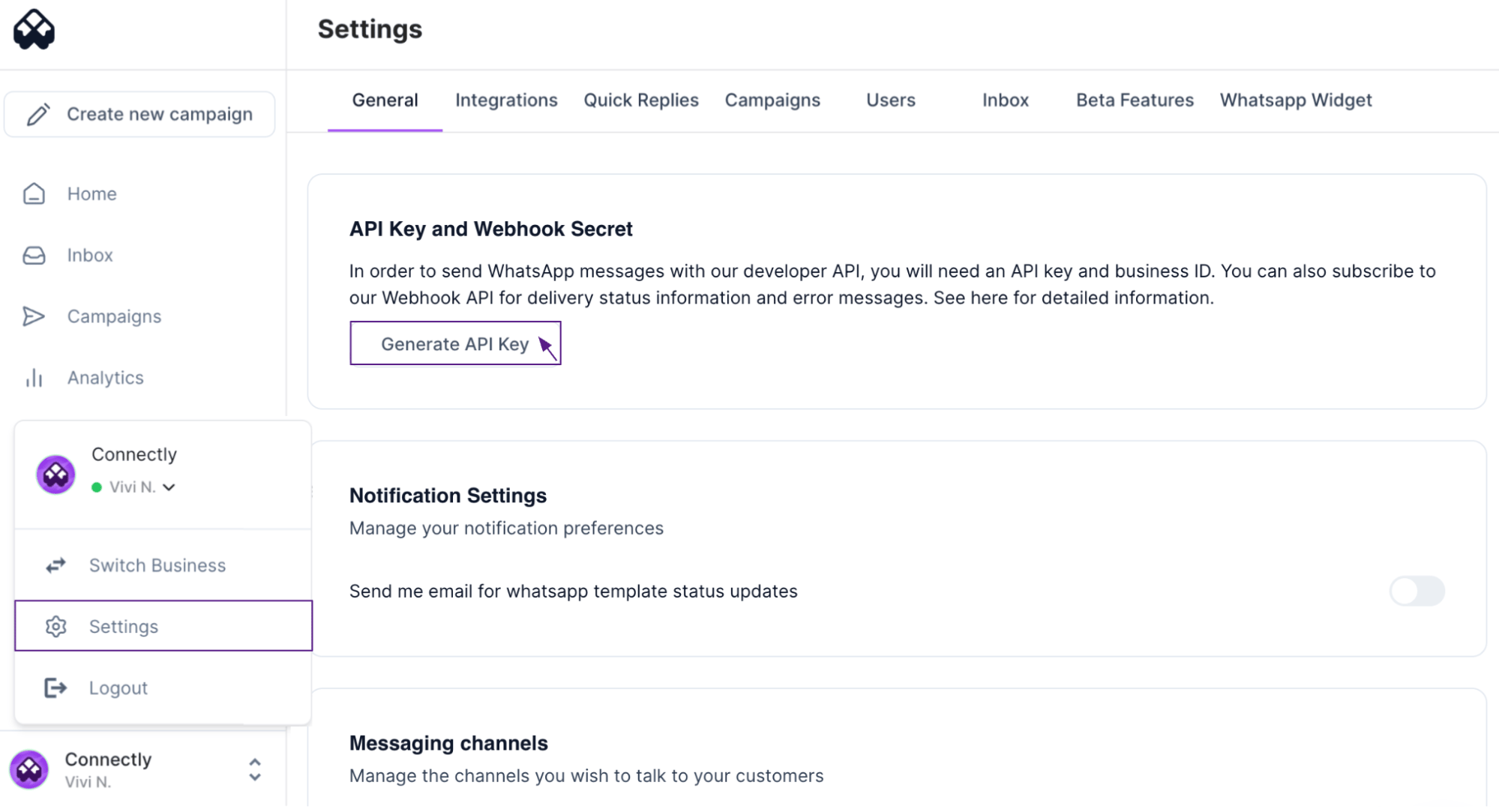 Connectly Settings — API Key and Webhook Secret section