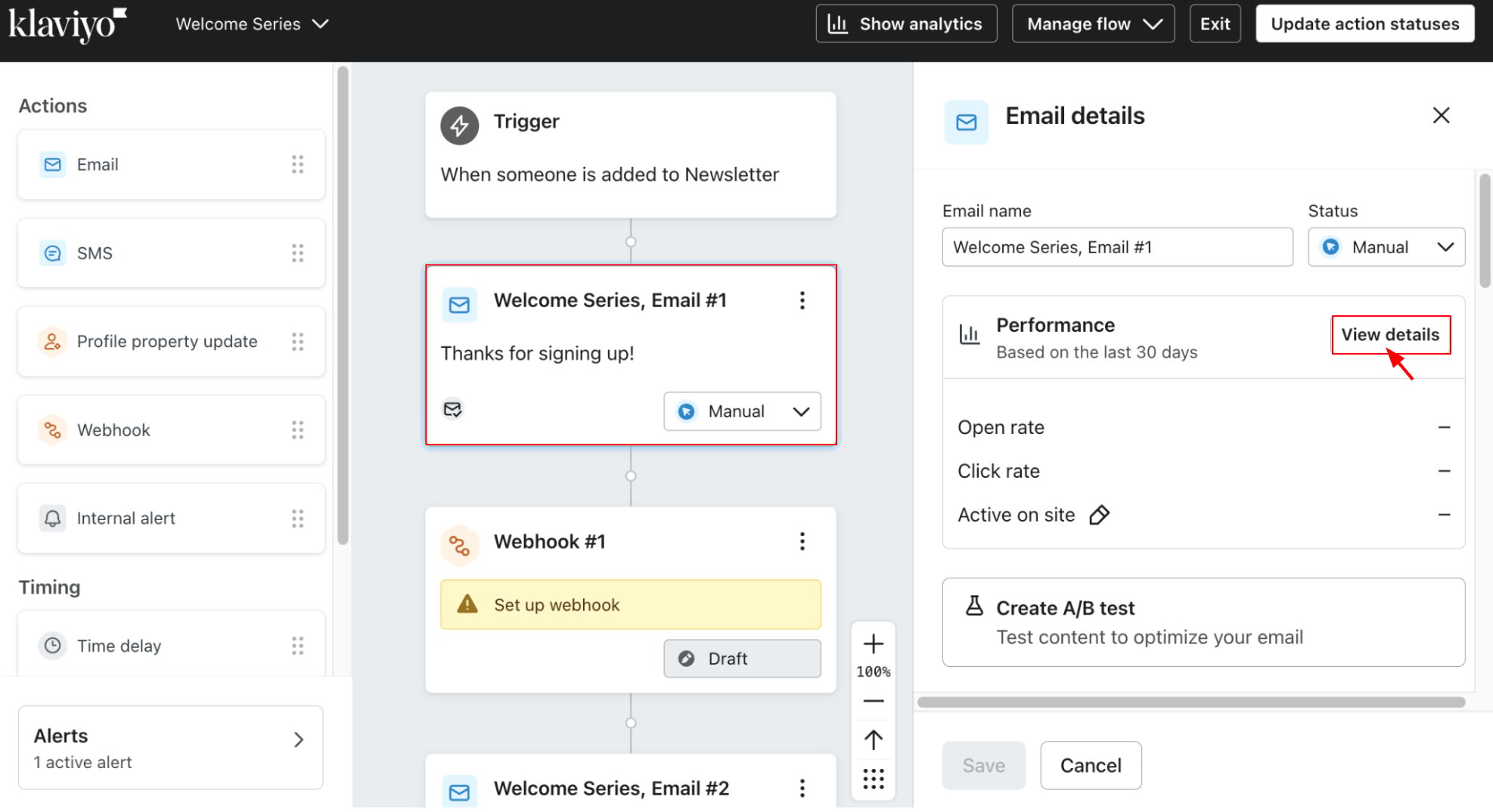 Flow message details with View details button highlighted