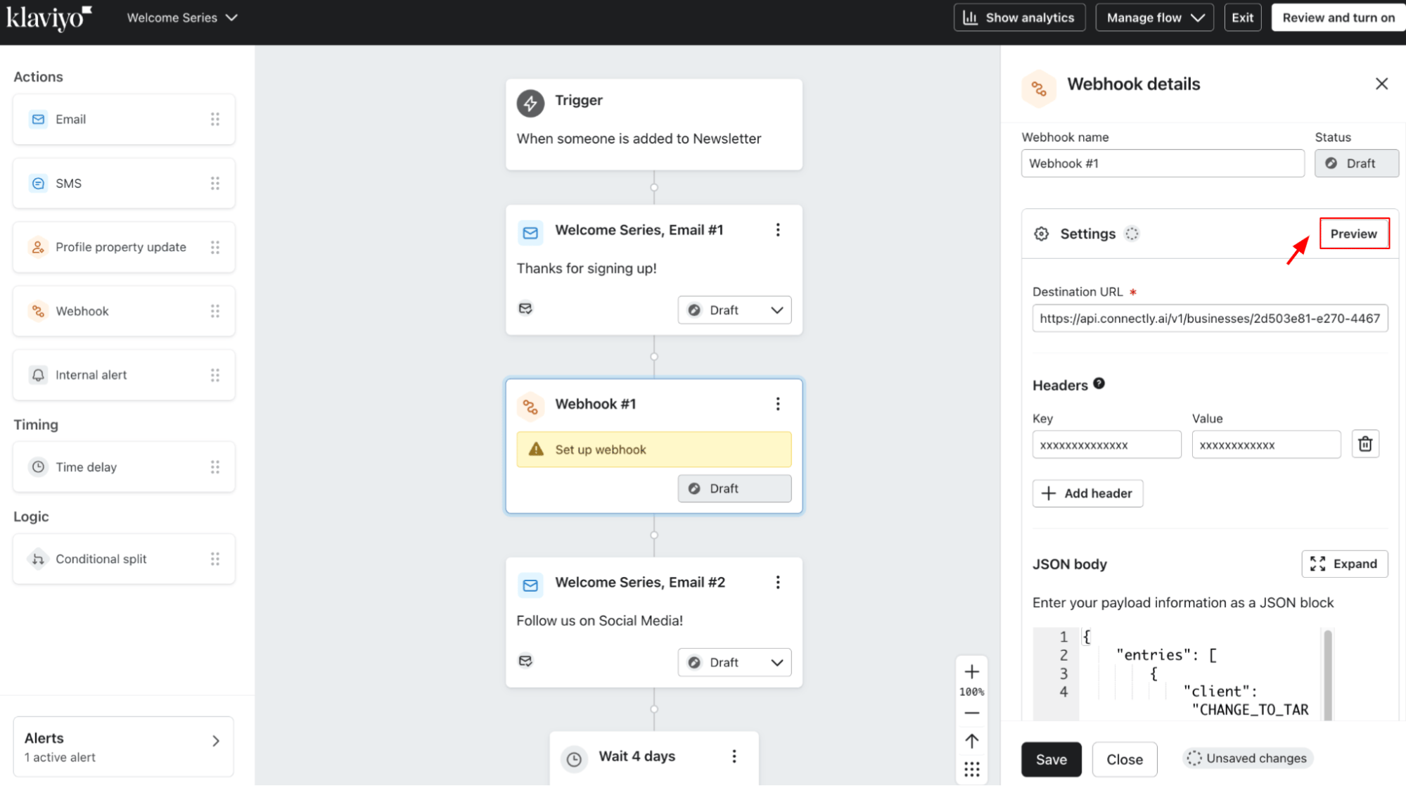 Klaviyo Trigger Preview showing profile properties with variable name tooltip