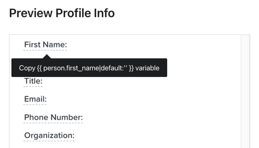 Preview Profile Info panel with variable name tooltip on hover