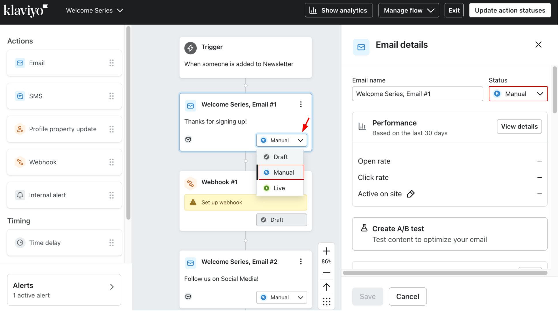 Flow message details panel with Manual status selected
