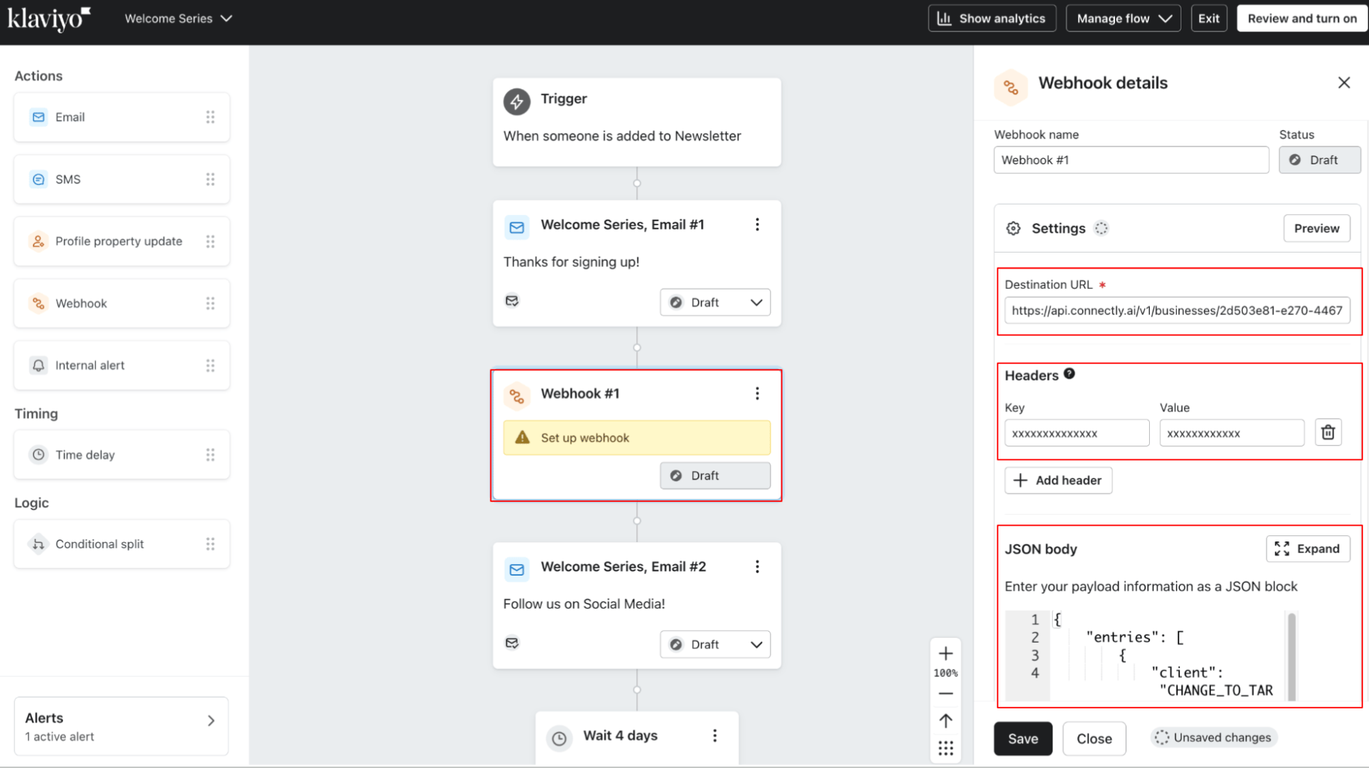 Webhook details panel with Destination URL, Headers, and JSON body fields