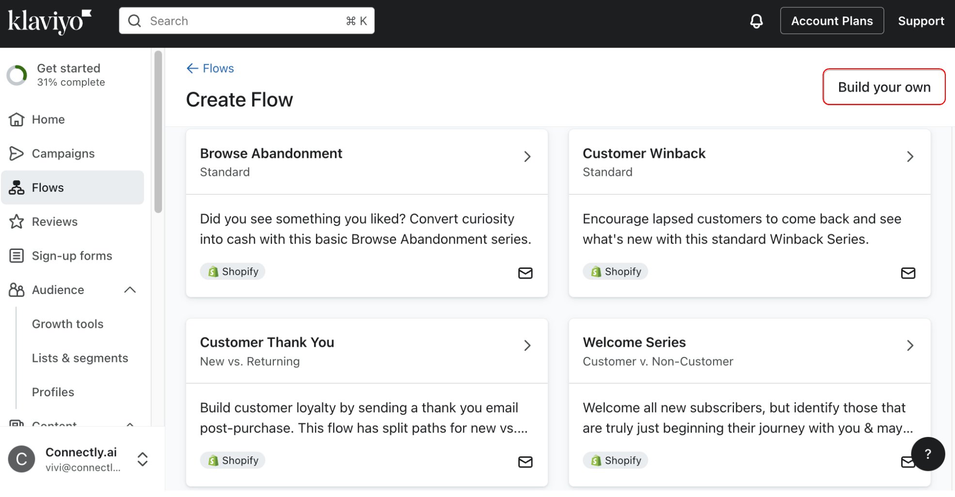 Klaviyo Create Flow — template options