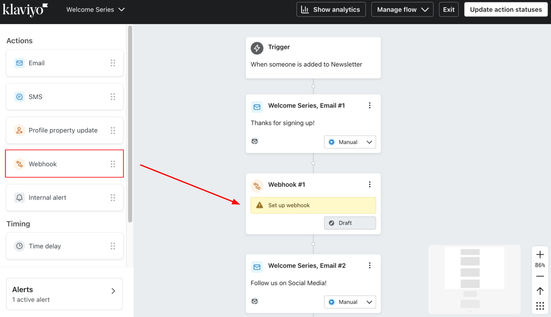 Klaviyo flow with Webhook node in the sidebar and dropped onto the canvas