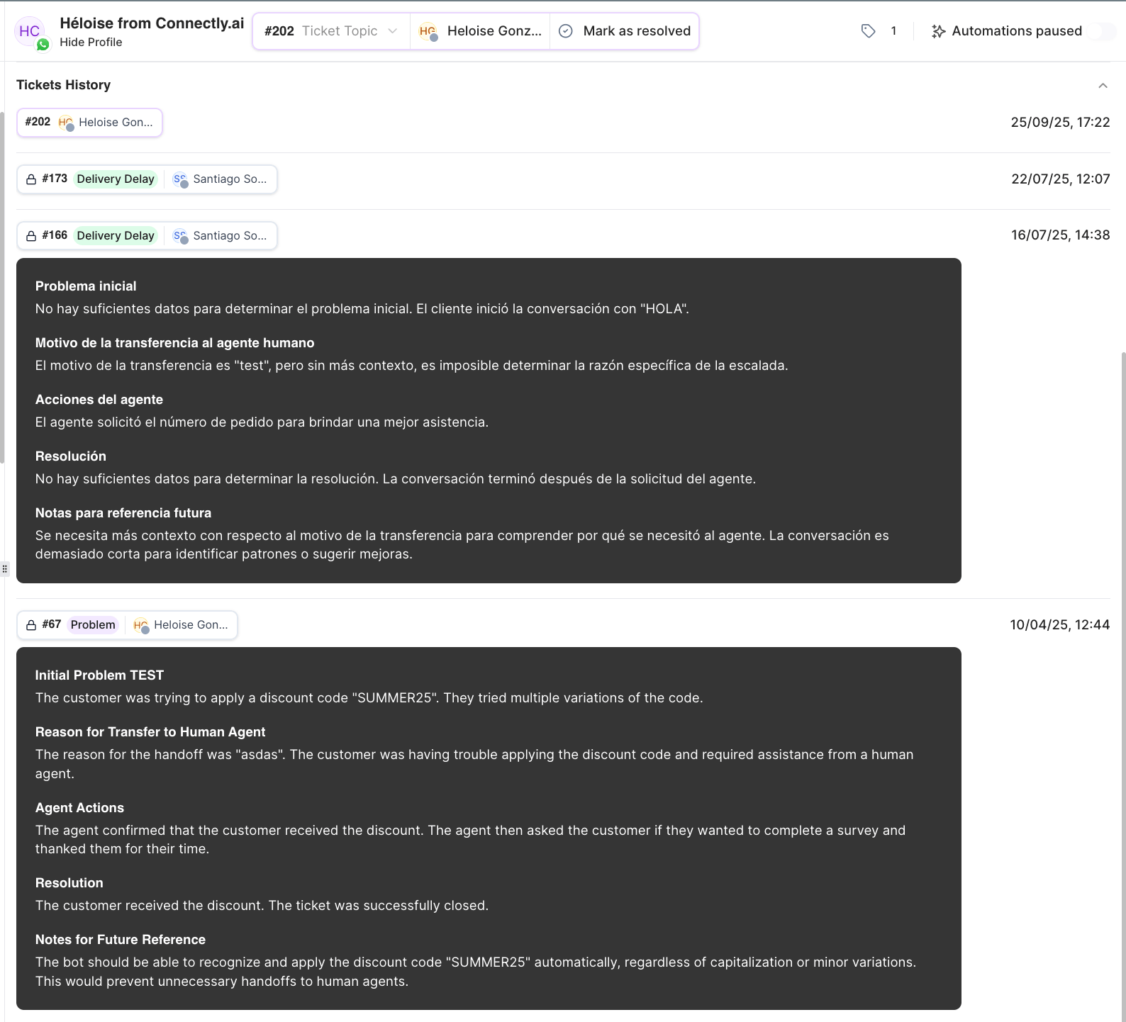 AI summary of a ticket in the ticket history, broken into initial problem, reason for transfer, agent actions, resolution, and notes